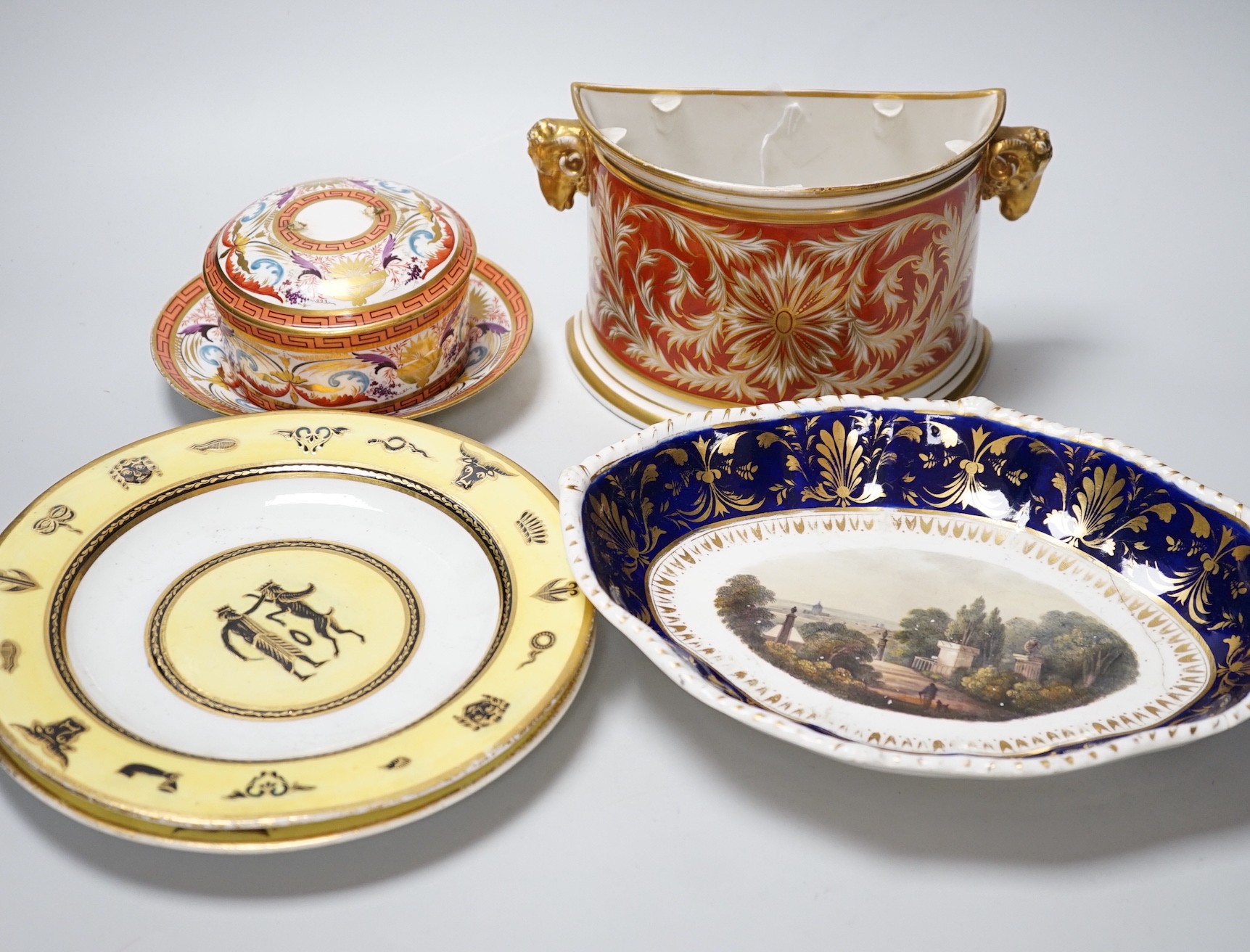 A small group of late 18th and 19th century Derby porcelain including bough pot, 23cm wide, dishes, plates, lidded pot and stand